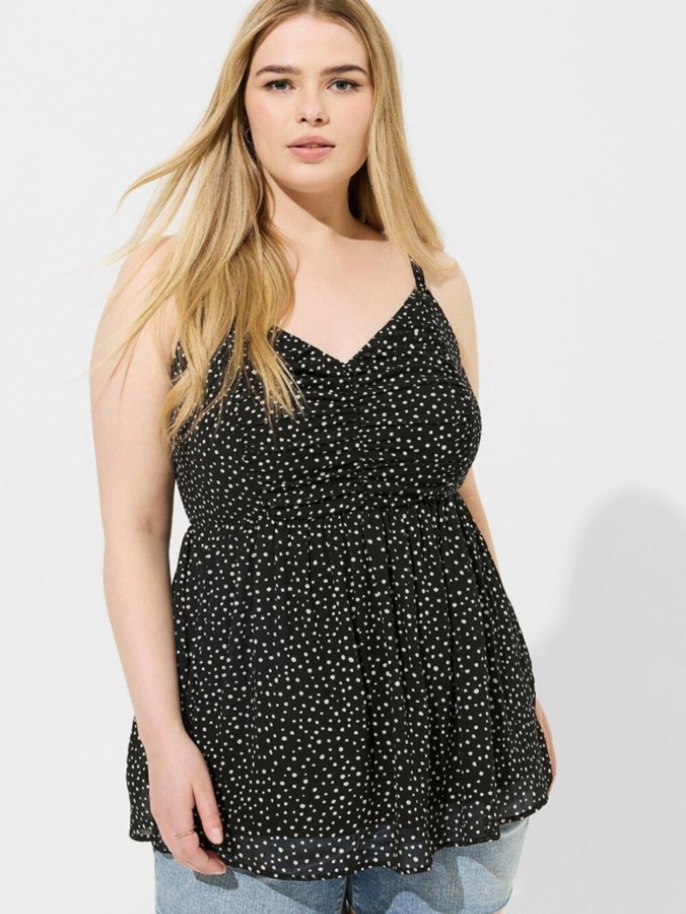 TORRID Sz 2 Black & White Polka Dot Babydoll Chiffon Shirred V-Neck Tank Top 2X
